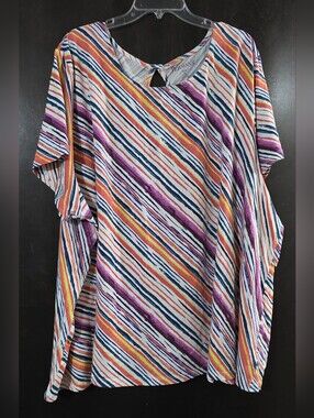 Roaman's Multicolor Diagonal Stripe Short Cap Sleeve Tunic Top Size 5X